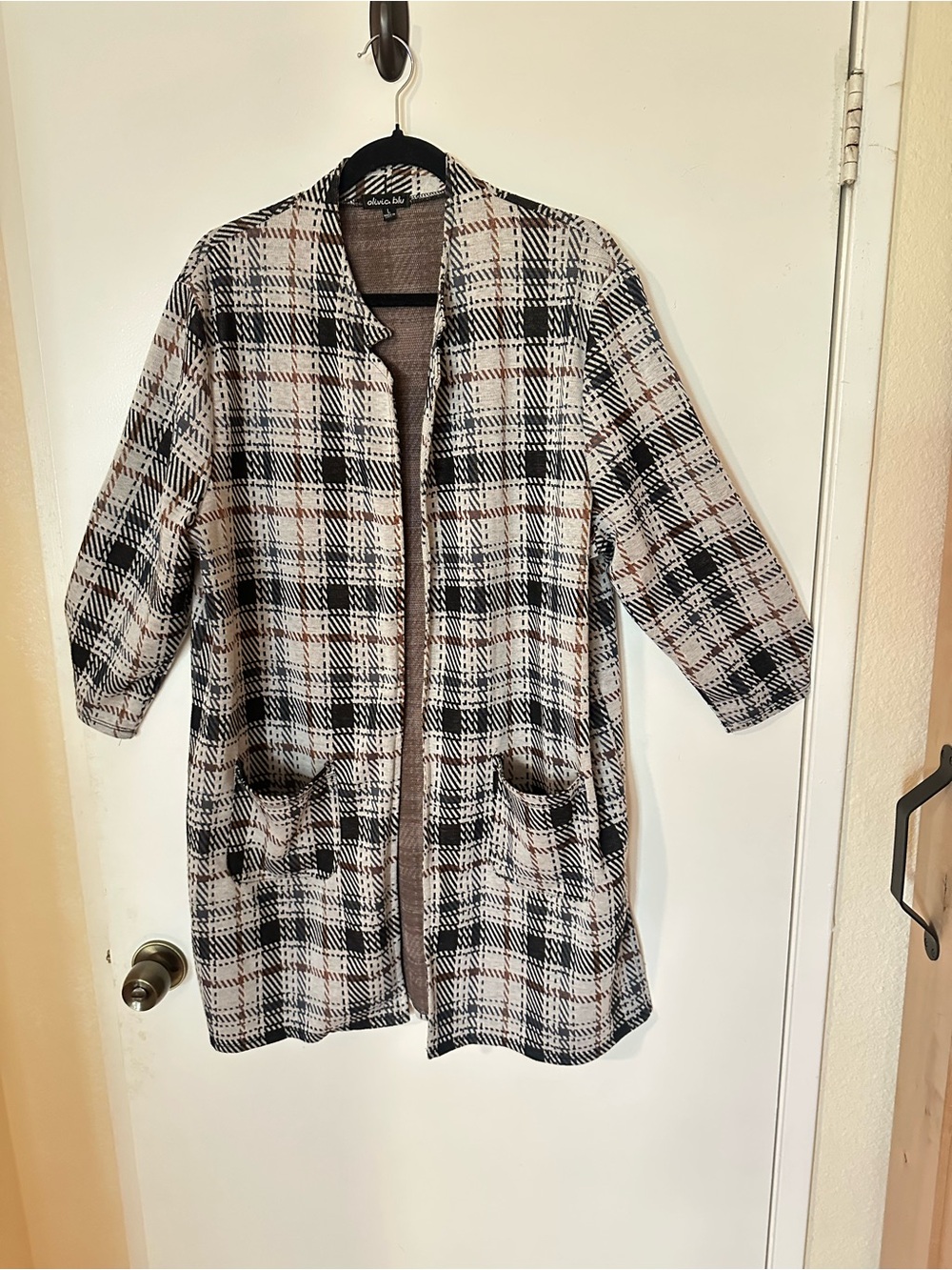 Black & Cream Plaid Open Front Blazer Jacket - Unknown Brand